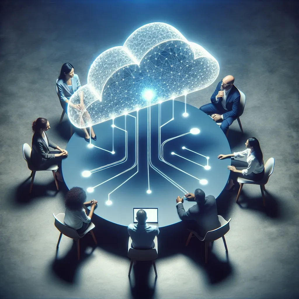 "Team members collaborating on a project using cloud services on laptops and tablets to enhance productivity and streamline communication."